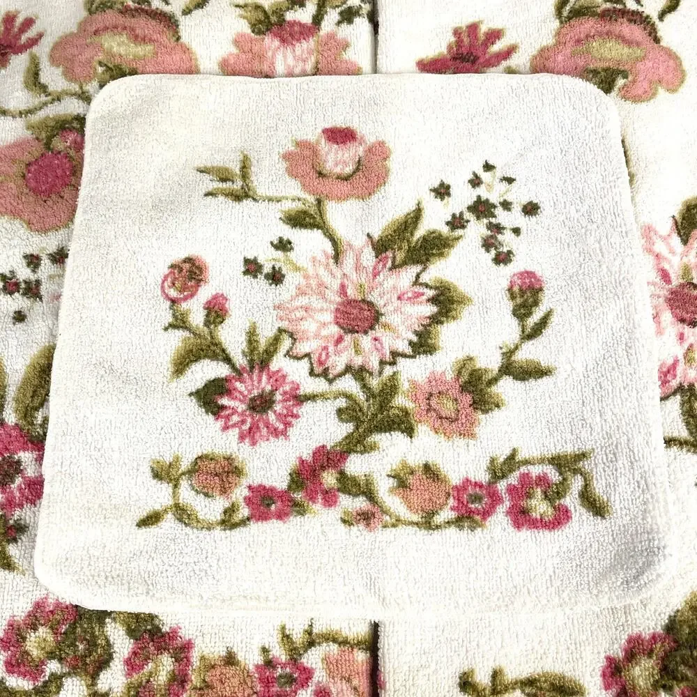 Vintage Callaway Towel Set – 2 Bath 2 Washcloths Peach Pink Roses Daisies NOS